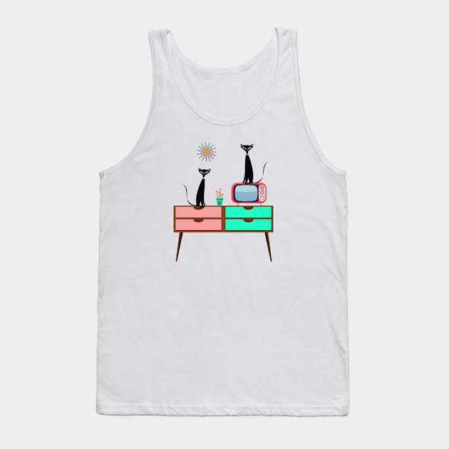 Mid Century Cats Sitting on a Retro TV Table Tank Top by Lisa Williams Design